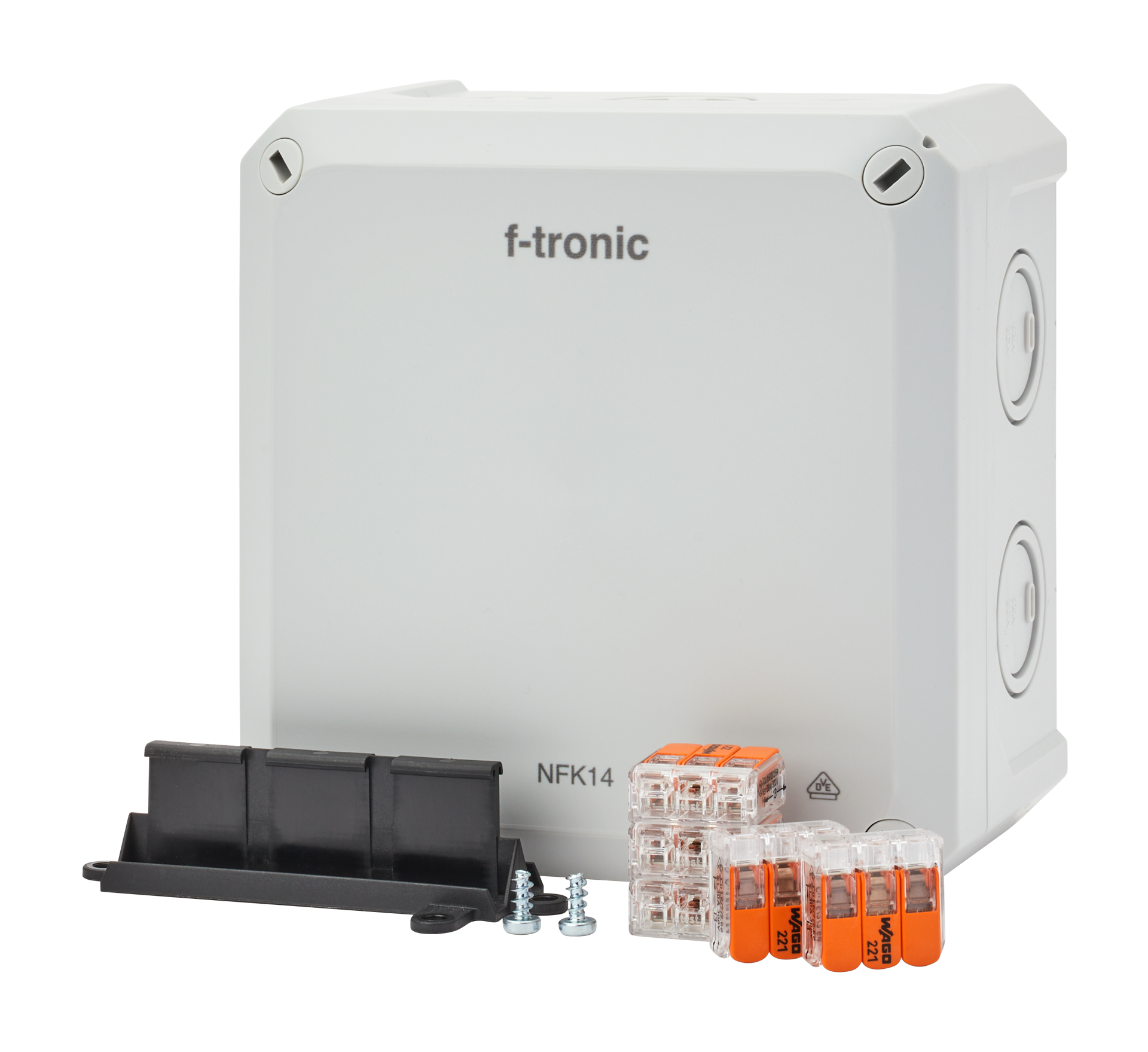 F-Tronic FR-Abzweigkasten 140x140x81mm, Klemmen 6qmm, Klemmenhalter, IP66, PS, grau, NFK14gr-K6 F-Tronic FR-Abzweigkasten 140x140x81mm, Klemmen 6qmm, Klemmenhalter, IP66, PS, grau, NFK14gr-K6